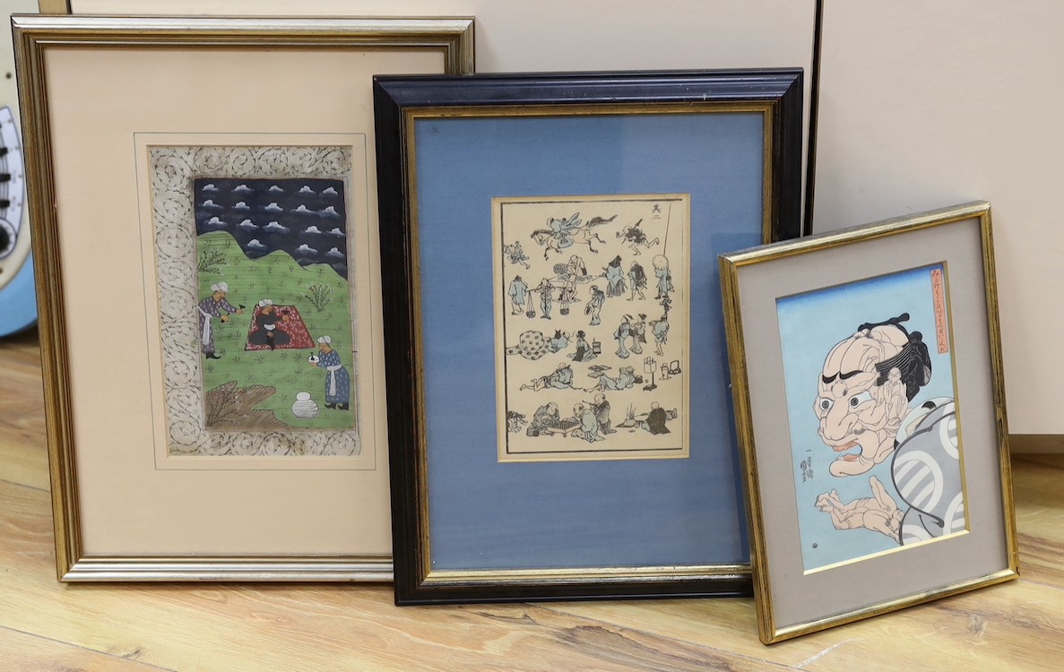Persian School, gouache on paper, figures in landscape, inscription verso, 22.5 x 14cm, together with two Japanese woodblock prints including Hokusai Gaen, Dictionary of Characters (3)